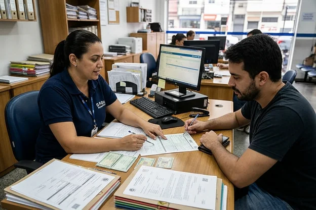 Despachante auxiliando cliente na transferência de veículo em Niterói.