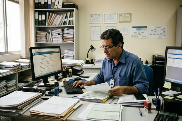 Despachante em ação durante o processo de licenciamento de veículo em Niterói.